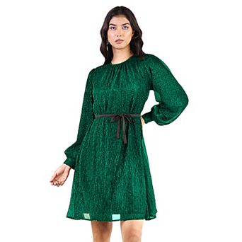 Artyska Women's Crewneck Shimmer Balloon Sleeve Tie-Waist Dress