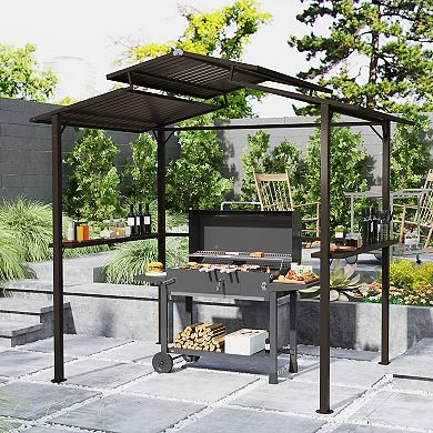 Outsunny 8 x 5ft Hardtop Grill Gazebo with Side Shelves and Cup Holders