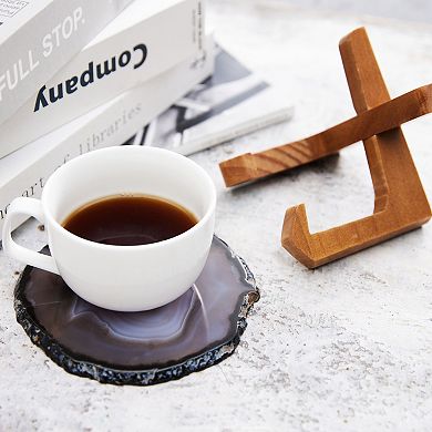 Luxury Lane Large Natural Brazilian Agate Drink Coaster with Wood Holder