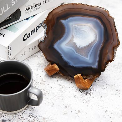 Luxury Lane Large Natural Brazilian Agate Drink Coaster with Wood Holder