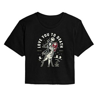 Juniors' Disney's The Nightmare Before Christmas Jack & Sally Love You To Death Cropped Tee