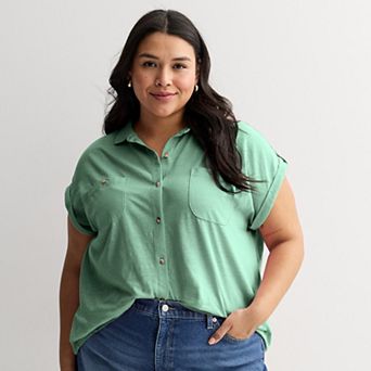 Plus Size Sonoma Goods For Life® Button Through Short Sleeve Knit Shirt