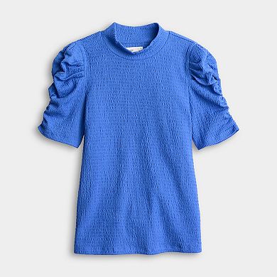 Petite Nine West Ruched Elbow Sleeve Mock Neck Top