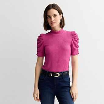 Petite Nine West Ruched Elbow Sleeve Mock Neck Top