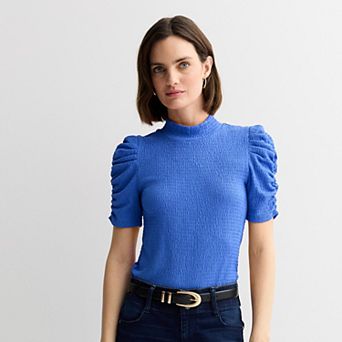 Petite Nine West Ruched Elbow Sleeve Mock Neck Top