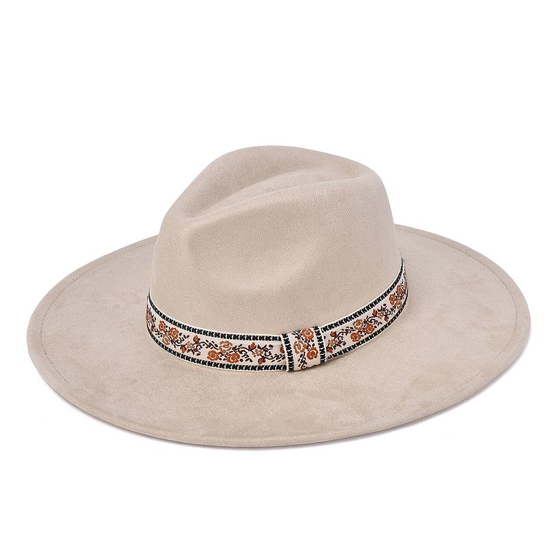 Women's Mellow World Felt Hat With Floral Embroidery Band, Beige