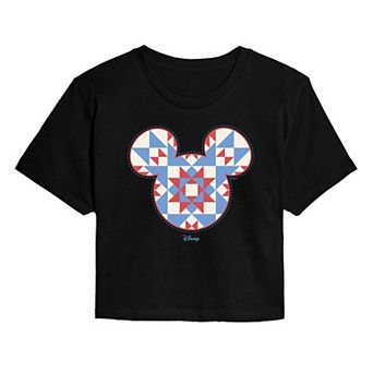 Juniors' Disney's Minnie Mouse Quilt Pattern Ears Cropped Tee
