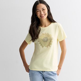 Juniors' Sunflower Rhinestones Graphic Tee