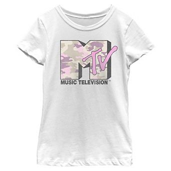 Girls MTV Camo Print Logo Short Sleeve Graphic Tee