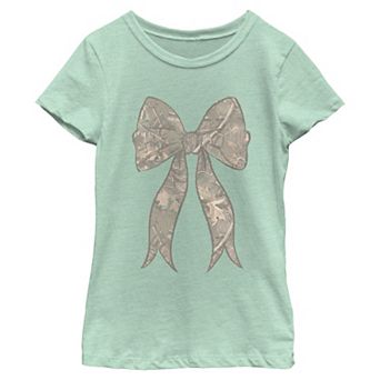 Girls' Tree Camo Print Bow Short Sleeve Crew Tee