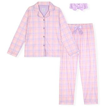 Sleep On It Girls 2 pc Long-Sleeve Button-Up Pajama Set with Plush Headband Gift