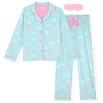Sleep On It Girls 2 pc Long-Sleeve Button-Up Pajama Set with Plush Headband Gift