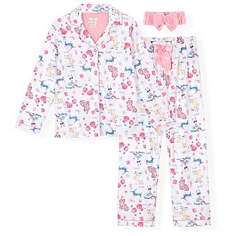 Sleep On It Girls 2 pc Long-Sleeve Button-Up Pajama Set with Plush Headband Gift
