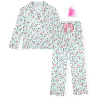 Sleep On It Girls 2 pc Long-Sleeve Button-Up Pajama Set with Plush Headband Gift