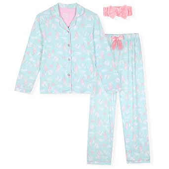 Sleep On It Girls 2 pc Long-Sleeve Button-Up Pajama Set with Plush Headband Gift - Toddler