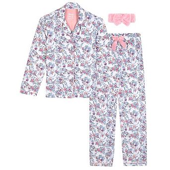 Sleep On It Girls 2 pc Long-Sleeve Button-Up Pajama Set with Plush Headband Gift - Toddler