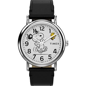 Timex® Peanuts Leather Strap Watch with Snoopy Dancing Dial