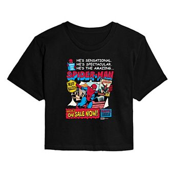 Juniors' Marvel Spider-Man Retro Comic Book Cover Cropped Tee