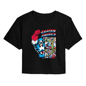Juniors' Marvel Captain America Comic Panels Cropped Tee