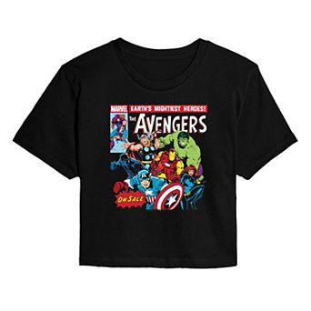 Juniors' Marvel The Avengers Retro Comic Cover Cropped Tee