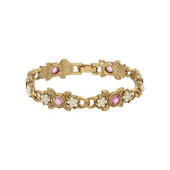 1928 Gold-Tone Color Simulated Stone & Simulated Pearl Bracelet