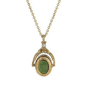1928 Gold-Tone Oval Jade-Tone Double Locket Pendant Necklace