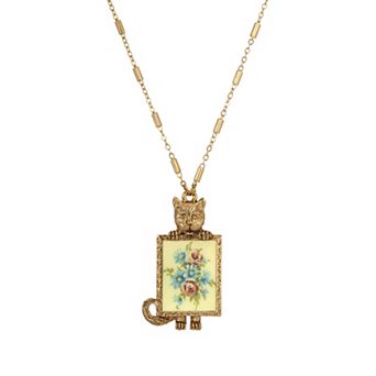1928 14k Gold Dipped Cat Flower Decal Pendant Necklace