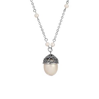 1928 Silver-Tone Simulated Pearl Bead Drop Pendant Necklace
