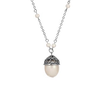 1928 Silver-Tone Simulated Pearl Bead Drop Pendant Necklace