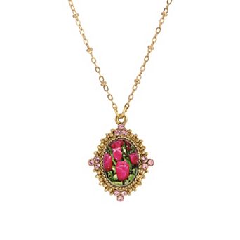 1928 Gold-Tone Pendant Necklace with Pink Crystal & Pink Tulip Decal