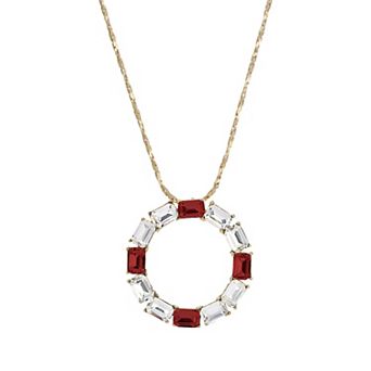 1928 Gold-Tone Clear Red Crystal Round Pendant Necklace