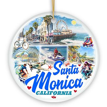 Santa Monica Resort Town Ceramic Ornament, California Coastal Christmas Souvenir (Circle)