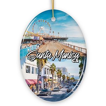 Santa Monica Resort Town Ceramic Ornament, California Coastal Christmas Souvenir (Oval)