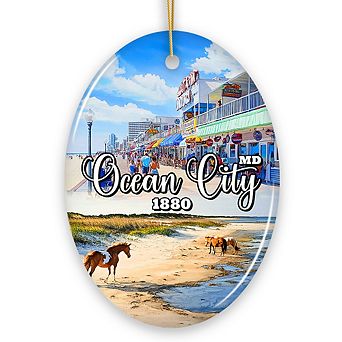 Ocean City Ceramic Ornament, Maryland Coastal Themes Christmas Decoration and Gift (Oval)