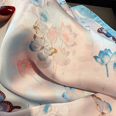 Women's Satin Square Scarf with Butterfly and Floral Print Lightweight Silky Neck or Bag Accessory