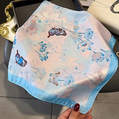 Women's Satin Square Scarf with Butterfly and Floral Print Lightweight Silky Neck or Bag Accessory