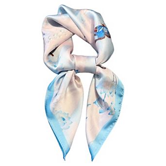Women's Satin Square Scarf with Butterfly and Floral Print Lightweight Silky Neck or Bag Accessory