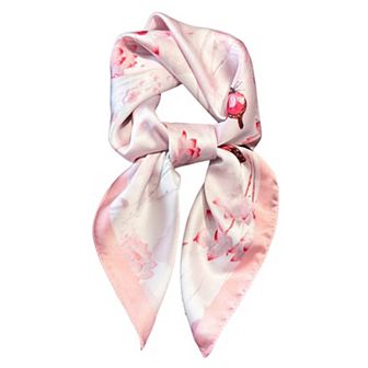 Women's Satin Square Scarf with Butterfly and Floral Print Lightweight Silky Neck or Bag Accessory