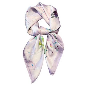 Women's Satin Square Scarf with Butterfly and Floral Print Lightweight Silky Neck or Bag Accessory