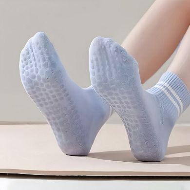 Women's 3-Pack Ankle Socks with Rubber Grips and Striped Ribbed Cuffs Soft Non-Slip Sporty Style