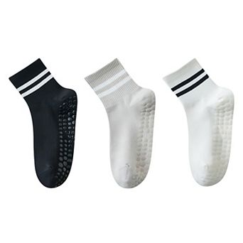 Women's 3-Pack Ankle Socks with Rubber Grips and Striped Ribbed Cuffs Soft Non-Slip Sporty Style