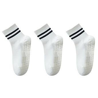 Women's 3-Pack Ankle Socks with Rubber Grips and Striped Ribbed Cuffs Soft Non-Slip Sporty Style