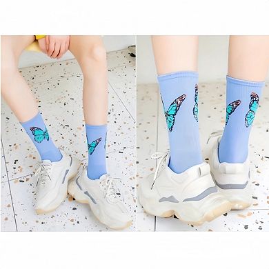 Women's 2-Pack Butterfly Graphic Crew Socks Soft Knit Ribbed Cuff Stylish Casual Sock Set