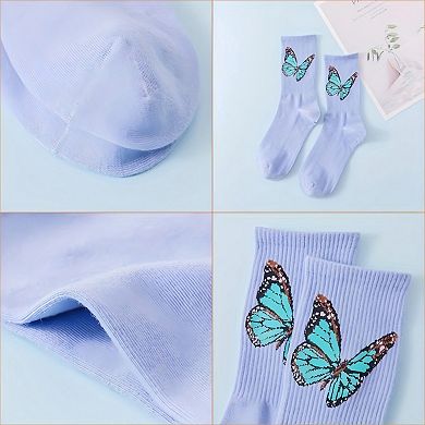 Women's 2-Pack Butterfly Graphic Crew Socks Soft Knit Ribbed Cuff Stylish Casual Sock Set