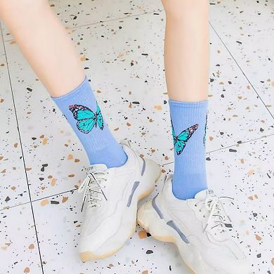 Women's 2-Pack Butterfly Graphic Crew Socks Soft Knit Ribbed Cuff Stylish Casual Sock Set