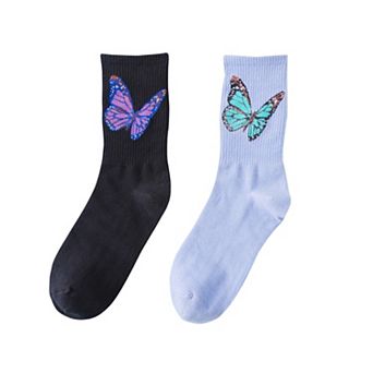Women's 2-Pack Butterfly Graphic Crew Socks Soft Knit Ribbed Cuff Stylish Casual Sock Set