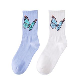Women's 2-Pack Butterfly Graphic Crew Socks Soft Knit Ribbed Cuff Stylish Casual Sock Set