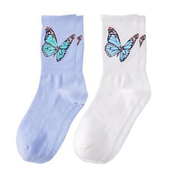 Women's 2-Pack Butterfly Graphic Crew Socks Soft Knit Ribbed Cuff Stylish Casual Sock Set