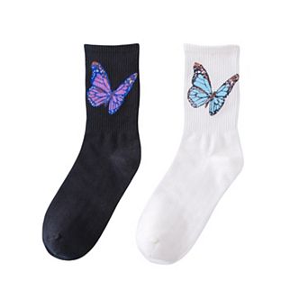 Women's 2-Pack Butterfly Graphic Crew Socks Soft Knit Ribbed Cuff Stylish Casual Sock Set