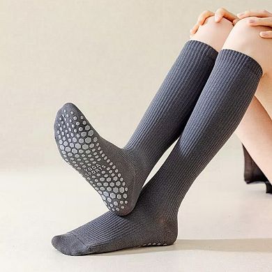Women's 2-Pack Long Ribbed Non-Slip Socks with Grip Soles for Indoor Comfort and Support